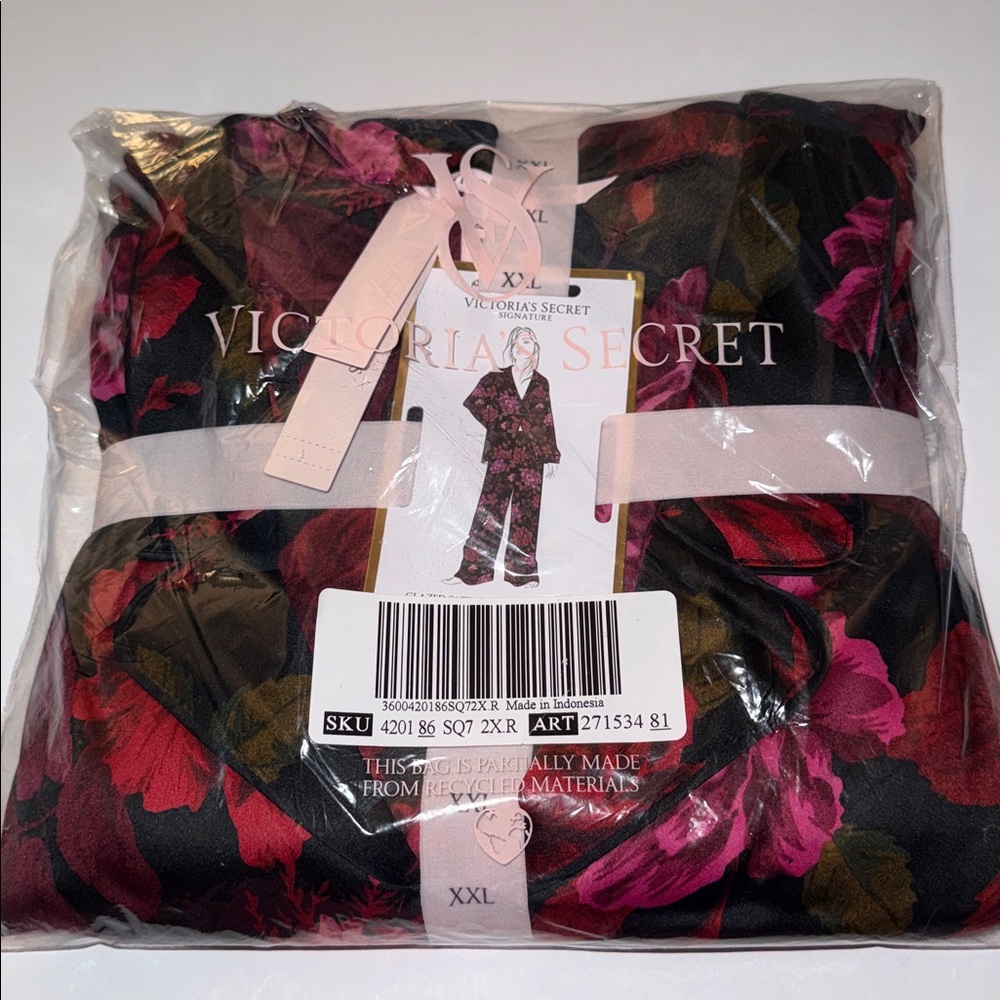 New Victoria's Secret Satin Pajama Set Black With Roses Floral Women’s Size XXL